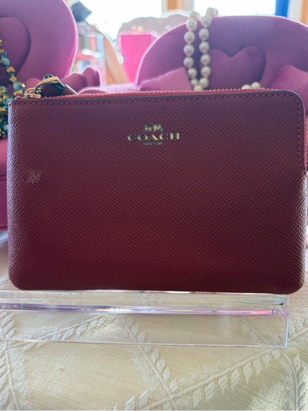 Coach Burgundy Saffiano LeatherL-Shaped Zip Wristlet with Gold Logo